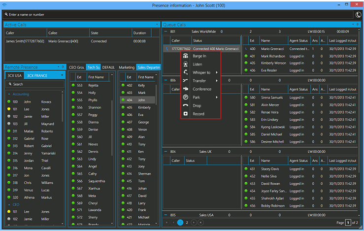 With the 3CX Windows / iOS phone client, you can easily barge in, listen, whisper or listen to recordings.